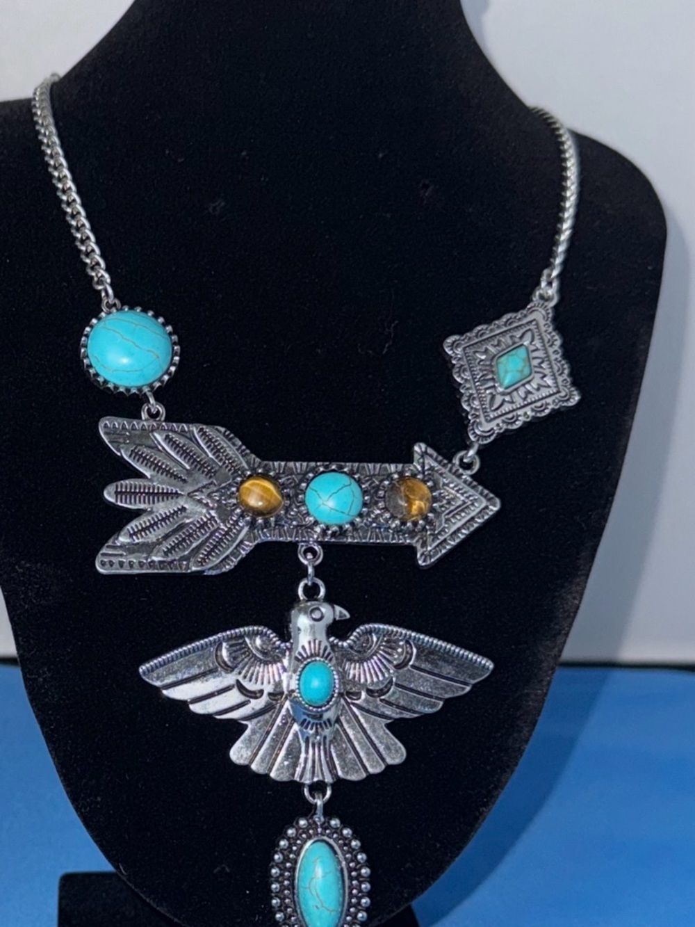 Paparazzi Turquoise & Amber Arrow Statement Necklace Set - Picture 6 of 8